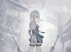 Rule 34 | 1girl, absurdres, ass, bandages, braid, braided ponytail, elbow gloves, female focus, gloves, grey eyes, highres, kaine (nier), lace trim, lingerie, looking at viewer, looking back, nier (series), panties, planted, planted sword, planted weapon, rlffuq025, solo, sword, underwear, weapon, white hair, white panties
