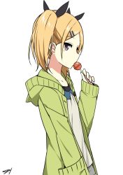 Rule 34 | 10s, 1girl, artist name, blonde hair, candy, flat chest, food, from side, hair ornament, hair ribbon, hairclip, highres, hood, hoodie, lollipop, long sleeves, purple eyes, ribbon, shirobako, short hair, signature, simple background, sky-freedom, sleeves past wrists, solo, twintails, upper body, white background, yano erika