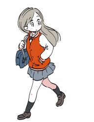 Rule 34 | 1girl, :&lt;, bag, black socks, blue bag, bow, bowtie, brown bow, brown bowtie, brown footwear, clenched hand, closed mouth, commentary request, dot nose, expressionless, floating hair, grey eyes, grey hair, grey skirt, hair behind ear, hand in pocket, hand up, holding strap, jacket, karaagetarou, kneehighs, letterman jacket, light blush, loafers, long hair, long sleeves, looking away, looking to the side, miniskirt, original, parted bangs, pleated skirt, pocket, puffy long sleeves, puffy sleeves, red jacket, school bag, school uniform, shoes, shoulder bag, simple background, skirt, socks, solo, tareme, walking, white background, white sleeves