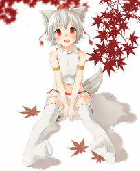 Rule 34 | 1girl, :d, alternate costume, animal ears, autumn leaves, bad id, bad pixiv id, hat, inubashiri momiji, leaf, looking at viewer, maple leaf, navel, open mouth, pleated skirt, red eyes, shiina 2265, short hair, silver hair, sitting, skirt, smile, solo, tail, thighhighs, tokin hat, touhou, tousaki shiina, v arms, wolf ears, wolf tail, zettai ryouiki