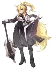 Rule 34 | 1girl, anehana, animal ear fluff, animal ears, arknights, armor, axe, black dress, black footwear, black gloves, black jacket, black scarf, black skirt, blonde hair, boots, breastplate, breasts, closed mouth, dress, elbow gloves, expressionless, floating hair, full body, gauntlets, gloves, hair between eyes, headset, high heel boots, high heels, highres, holding, holding shield, holding weapon, horse ears, horse girl, horse tail, jacket, looking at viewer, nearl (arknights), orange eyes, pauldrons, ponytail, scarf, shield, shoulder armor, sidelocks, skirt, solo, tachi-e, tail, torn clothes, torn scarf, transparent background, weapon, white armor, wind, yellow eyes