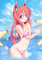 Rule 34 | 1girl, animal ears, arrow (symbol), assisted exposure, bikini, bikini pull, blush, bottle, breasts, cleavage, clothes pull, cropped, grabber tool, groin, long hair, medium breasts, navel, original, pink bikini, pulling another&#039;s clothes, purple eyes, red hair, solo, sparkle, swimsuit, takataka, tears, untied, water