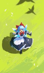 Rule 34 | 1girl, absurdres, alternate costume, apron, bird, blue eyes, blue hair, cirno, fairy wings, grass, highres, maid apron, open mouth, shadow, short hair, sword, touhou, wamaru, weapon, wings