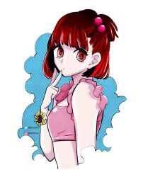 Rule 34 | 1girl, arima kana, bare shoulders, breasts, closed mouth, colorized, flower, oshi no ko, red eyes, red hair, short hair, simple background, small breasts, solo, swimsuit, upper body, yokoyari mengo