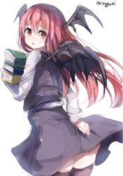 Rule 34 | 1girl, back, bat wings, black thighhighs, blush, book, book stack, colorized, head wings, holding, holding book, koakuma, long hair, long sleeves, looking at viewer, looking back, md5 mismatch, open mouth, red eyes, red hair, resized, shirt, simple background, sketch, skirt, skirt set, solo, thighhighs, touhou, twitter username, vest, white background, wings, wowoguni