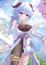 Rule 34 | 1girl, ahoge, alternate costume, bare shoulders, bell, black leotard, black pantyhose, blue hair, blush, bodystocking, bodysuit, bow, breasts, chinese knot, commentary request, covered erect nipples, day, flower knot, ganyu (genshin impact), genshin impact, hair between eyes, highres, hiyada yuu, horns, japanese clothes, kimono, leotard, leotard under clothes, long hair, long sleeves, looking at viewer, low ponytail, medium breasts, neck bell, no gloves, outdoors, pantyhose, parted lips, pelvic curtain, purple eyes, red rope, rope, sidelocks, single leg pantyhose, solo, standing, tassel, thighlet, very long hair, vision (genshin impact), white kimono