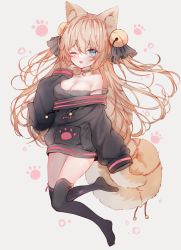Rule 34 | 1girl, ;d, animal ear fluff, animal ears, bare shoulders, bell, black choker, black jacket, black ribbon, black thighhighs, blonde hair, blue eyes, blush, breasts, choker, cleavage, collarbone, full body, hair bell, hair between eyes, hair ornament, hair ribbon, hand up, highres, jacket, jingle bell, long hair, long sleeves, looking at viewer, medium breasts, neck bell, no shoes, one eye closed, open mouth, original, puffy long sleeves, puffy sleeves, ribbon, sleeves past fingers, sleeves past wrists, smile, solo, strap slip, tail, tandohark, thighhighs, two side up, very long hair, virtual youtuber, white background