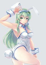 Rule 34 | 1girl, adapted costume, animal ears, bare shoulders, blue neckwear, blush, bow, bowtie, breasts, cleavage, covered navel, detached collar, fake animal ears, fishnet pantyhose, fishnets, frog hair ornament, green eyes, green hair, grey background, hair between eyes, hair ornament, hair tubes, highres, kochiya sanae, large breasts, leotard, necktie, pantyhose, playboy bunny, rabbit ears, rabbit tail, simple background, snake hair ornament, solo, strapless, strapless leotard, tail, touhou, white leotard, white pantyhose, wrist cuffs, yumibakama meme