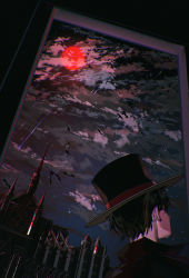 Rule 34 | 1boy, black hair, black hat, black jacket, building, cathedral, chinese commentary, cloud, commentary request, from behind, hat, highres, jacket, klein moretti, looking up, lord of the mysteries, meteor shower, moon, night, night sky, outdoors, red moon, sky, solo, star (sky), starry sky, top hat, window
