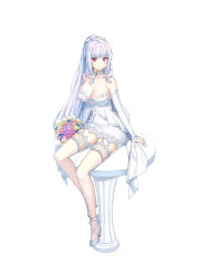 Rule 34 | 1girl, ankle bow, ankle ribbon, arm support, bare shoulders, blunt bangs, bouquet, bow, braid, breasts, bridal gauntlets, bright pupils, cleavage, closers, clothing cutout, collarbone, dress, flower, french braid, full body, hair bow, high heels, highres, lace, lace-trimmed dress, lace-trimmed thighhighs, lace trim, large breasts, leg ribbon, long hair, looking at viewer, mirae (closers), official art, on table, parted lips, pencil dress, pink flower, pink rose, ponytail, purple eyes, purple flower, purple rose, ribbon, rose, round table, see-through, see-through cleavage, short dress, sidelocks, sitting, sitting on table, sleeveless, sleeveless dress, solo, table, tachi-e, thighhighs, underboob cutout, very long hair, wedding dress, white background, white bow, white bridal gauntlets, white dress, white footwear, white hair, white pupils, white thighhighs, yellow flower, yellow rose