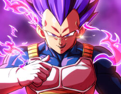 Rule 34 | 1boy, armor, aura, blue bodysuit, bodysuit, breastplate, close-up, dragon ball, dragon ball super, food, highres, looking at viewer, muscular, no eyebrows, pea-bean, pointing, pointing at self, pointing with thumb, purple background, purple eyes, purple hair, saiyan armor, scene reference, skin tight, smirk, thumbs up, ultra ego (dragon ball), upper body, vegeta, white armor