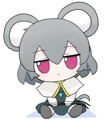 Rule 34 | 1girl, :&lt;, animal ears, closed mouth, dowsing rod, full body, fumo (doll), grey hair, highres, looking at viewer, mouse ears, mouse girl, mouse tail, nazrin, red eyes, rei (tonbo0430), short hair, simple background, sitting, solo, tail, touhou, white background