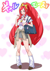 Rule 34 | 1girl, alternate costume, artist name, bag, blush, breasts, brooch, character name, cleavage, clothes around waist, covered erect nipples, cure ace, dokidoki! precure, twirling hair, heart, heart background, heart brooch, joy ride, lipstick, long hair, loose socks, madoka aguri, makeup, medium breasts, ponytail, precure, rainbow text, red eyes, red hair, school bag, school uniform, shadow, socks, solo, standing, sweater, sweater around waist, text focus, translated