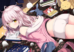 Rule 34 | 1girl, :o, ahoge, ass, bare shoulders, black shirt, blush, book, book stack, brown eyes, camisole, commentary request, crop top, ghost, hair between eyes, highres, indoors, jacket, long hair, long sleeves, looking at viewer, looking to the side, lying, messy hair, midriff, off shoulder, on floor, on stomach, open book, open clothes, open jacket, original, parted lips, pen, pink hair, pink jacket, sasahara wakaba, shirt, short shorts, shorts, sleeveless, sleeveless shirt, sleeves past wrists, solo, star (symbol), stuffed animal, stuffed rabbit, stuffed toy, thighs, white shorts, wooden floor