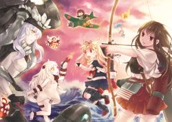 Rule 34 | 10s, 4girls, abyssal ship, aircraft, airplane, akagi (kancolle), anklet, arrow (projectile), barefoot, blonde hair, bow (weapon), brown eyes, brown hair, drawing bow, dress, enemy aircraft (kancolle), fairy (kancolle), fuuka (fukasheu), gloves, glowing, glowing eye, holding bow (weapon), i-class destroyer, jewelry, kantai collection, machinery, mittens, multiple girls, muneate, neckerchief, northern ocean princess, parachute, pointing, pointing forward, propeller, quiver, red eyes, remodel (kantai collection), reppuu (kancolle), sail, scarf, standing, standing on liquid, standing on one leg, torpedo, waves, weapon, white dress, white hair, wo-class aircraft carrier, yellow eyes, yuudachi (kancolle), zuiun (kancolle)