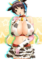 Rule 34 | 10s, 1girl, animal ears, animal print, bare shoulders, bell, breasts, brown eyes, brown hair, collar, collarbone, covered erect nipples, cow ears, cow girl, cow horns, cow print, cow tail, cowbell, dragon@harry, headset, highres, horns, huge breasts, idolmaster, idolmaster cinderella girls, navel, neck bell, nipples, oikawa shizuku, see-through, short hair, skirt, solo, tail
