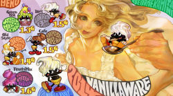 Rule 34 | 1girl, blonde hair, blue eyes, brown eyes, dress, food, holding, ice cream, kamitani george, licking lips, lips, long hair, nose, official art, official wallpaper, personification, solo, spoon, tongue, tongue out, vanillaware, wallpaper