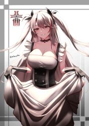 Rule 34 | 1girl, absurdres, alternate costume, artist name, azur lane, black gloves, breasts, cleavage, clothes lift, detached collar, dress, dress lift, enmaided, frilled dress, frills, gloves, highres, iron blood (emblem), large breasts, long dress, long hair, maid, misa pika, mouth hold, prinz eugen (azur lane), red eyes, red hair, simple background, sleeveless, sleeveless dress, smile, solo, teeth, teeth hold, twintails, white background, white dress, white hair