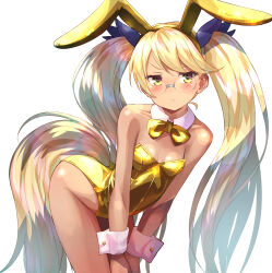 Rule 34 | 1girl, absurdres, animal ears, arched back, bare shoulders, blonde hair, blush, bow, bowtie, closed mouth, clothing cutout, collar, collarbone, detached collar, fake animal ears, glasses, hairband, highres, leaning forward, leotard, long hair, looking at viewer, nyama, playboy bunny, rabbit ears, retoree (show by rock!!), show by rock!!, simple background, solo, strapless, strapless leotard, swept bangs, tail, tail through clothes, twintails, very long hair, white background, white collar, wing collar, wrist cuffs, yellow bow, yellow bowtie, yellow hairband, yellow leotard