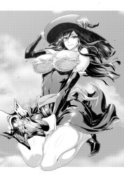 Rule 34 | 1girl, bare shoulders, breasts, cleavage, detached sleeves, dragon&#039;s crown, dress, flying, greyscale, hat, large breasts, long hair, monochrome, side slit, solo, sorceress (dragon&#039;s crown), strapless, strapless dress, witch, witch hat, zunta
