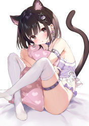 Rule 34 | 1girl, animal collar, animal ears, arm strap, bare shoulders, bed sheet, black eyes, black hair, blush, braid, cat ears, cat girl, cat tail, collar, collarbone, crop top, earrings, frilled shirt, frills, full body, gaou (umaiyo puyoman), hair ornament, hairclip, heart, heart print, highres, jewelry, knees up, looking at viewer, looking to the side, medium hair, hugging object, original, parted lips, pillow, pillow hug, shirt, sidelocks, sitting, sleeveless, solo, tail, thigh strap, thighhighs, thighs, white background, white thighhighs, x hair ornament