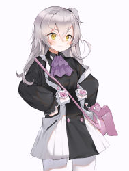 Rule 34 | 1girl, :3, animal bag, ascot, bag, black dress, blush, closed mouth, dduck kong, dress, girls&#039; frontline, grey hair, hair between eyes, hands on own hips, highres, long hair, long sleeves, official alternate costume, one side up, pantyhose, puffy long sleeves, puffy sleeves, purple ascot, scar, scar across eye, scar on face, shoulder bag, simple background, ump45 (agent lop rabbit) (girls&#039; frontline), ump45 (girls&#039; frontline), very long hair, white background, white pantyhose, yellow eyes