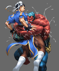 Rule 34 | 1boy, 1girl, bearhug, boots, capcom, china dress, chinese clothes, chun-li, chyko7080, cropped legs, dress, hakan, highres, kneepits, makeup, manly, muscular, oil, pantyhose, pelvic curtain, ryona, simple background, street fighter, street fighter iv (series), wrestling