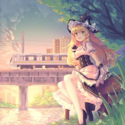 Rule 34 | 1girl, :d, alternate hairstyle, apron, arched back, arm up, black footwear, black hat, blonde hair, blurry, blurry background, bridal gauntlets, bridge, cityscape, cloud, commentary, contemporary, dappled sunlight, gradient sky, hair between eyes, hat, hat ribbon, high heels, highres, kirisame marisa, long hair, looking at viewer, mechrailgun, open mouth, outdoors, pantyhose, power lines, puffy short sleeves, puffy sleeves, ribbon, river, shirt, short sleeves, sitting, skirt, sky, smile, solo, star (sky), sunlight, thighhighs, touhou, train, tree, twilight, underbust, very long hair, waist apron, white pantyhose, white shirt, white skirt, witch hat, yellow eyes