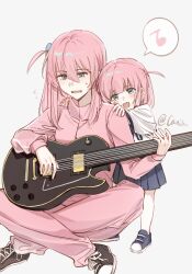 Rule 34 | 2girls, :d, age difference, artist name, black footwear, blue eyes, blue footwear, blue skirt, bocchi the rock!, canis428, cube hair ornament, eighth note, electric guitar, gibson les paul, gotoh futari, gotoh hitori, guitar, hair ornament, hands on another&#039;s shoulders, highres, holding, holding instrument, indian style, instrument, jacket, long hair, multiple girls, music, musical note, open mouth, pants, pink hair, pink jacket, pink pants, playing instrument, pleated skirt, shirt, shoes, siblings, signature, simple background, sisters, sitting, skirt, smile, sneakers, spoken musical note, standing, sweatdrop, track suit, white shirt