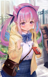 Rule 34 | 1girl, absurdres, ahoge, animal ear fluff, animal ears, bag, bench, blue bow, blue hair, blue headband, blue skirt, blush, bow, cat ears, cat hair ornament, cellphone, colored inner hair, hair bow, hair ornament, handbag, headband, highres, holding, holding phone, hololive, jacket, long hair, looking at viewer, minato aqua, mochiki 927, multicolored hair, open mouth, park bench, phone, pink hair, purple eyes, shirt, skirt, smartphone, solo, twintails, two-tone hair, virtual youtuber, white shirt, yellow jacket