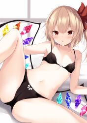 Rule 34 | 1girl, arm support, bare shoulders, bat wings, bed sheet, black bra, black panties, blush, bow, bra, breasts, cameltoe, cleft of venus, collarbone, commentary request, crystal, expressionless, flandre scarlet, hair between eyes, hair bow, highres, kashiwagi yamine, looking at viewer, lying, midriff, navel, no headwear, on side, open mouth, paid reward available, panties, rainbow order, red bow, red eyes, side ponytail, sidelocks, small breasts, solo, spread legs, stomach, sweat, thighs, touhou, underwear, underwear only, window, wings