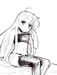 Rule 34 | 1girl, animal ear legwear, boa (brianoa), breasts, cat ear legwear, cat lingerie, cleavage, cleavage cutout, closed mouth, clothing cutout, greyscale, groin, highres, izumi konata, long hair, looking at viewer, lucky star, meme attire, mole, mole under eye, monochrome, navel, panties, simple background, smile, solo, thighhighs, underwear, white background