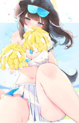Rule 34 | 1girl, absurdres, animal ears, black hair, blue archive, blue eyes, blue skirt, blue sky, blurry, blurry background, blush, breasts, cheerleader, cleavage, commentary request, covering own mouth, day, dog ears, dog girl, dog tail, eyewear on head, halo, hibiki (blue archive), hibiki (cheer squad) (blue archive), highres, holding, holding pom poms, long hair, looking at viewer, medium breasts, medium hair, millennium cheerleader outfit (blue archive), official alternate costume, outdoors, pom pom (cheerleading), pom poms, ponytail, sitting, skirt, sky, solo, sunglasses, sweat, tail, tsuyuri eri, two-tone skirt, white skirt