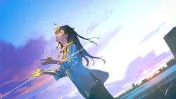 Rule 34 | 1girl, black hair, building, city, cityscape, cloud, dress, dutch angle, hands up, highres, light particles, light trail, long hair, looking up, loundraw, ocean