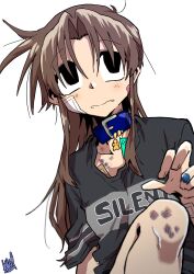 Rule 34 | 1girl, absurdres, bandaid, bandaid on cheek, bandaid on face, black eyes, blue collar, brown hair, bruise, collar, collarbone, ed-chan (edkuroki), edkuroki, gauze on cheek, gauze on chest, grey shirt, hair intakes, highres, injury, long hair, looking to the side, messy hair, open mouth, original, pink bandaid, print shirt, shirt, signature, simple background, solo, upper body, wavy mouth, white background