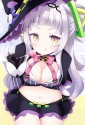 Rule 34 | 1girl, alternate breast size, black gloves, blunt bangs, breasts, candy, cleavage, closed mouth, cocozasa, food, gloves, hair bun, hairband, hat, highres, hololive, licking lips, light purple hair, lollipop, looking at viewer, medium breasts, midriff, miniskirt, murasaki shion, murasaki shion (1st costume), navel, pinstripe pattern, pinstripe shirt, plump, purple skirt, shirt, shrug (clothing), single side bun, skirt, smile, solo, sparkle, stomach, striped clothes, striped shirt, tongue, tongue out, vertical-striped clothes, vertical-striped shirt, virtual youtuber, witch hat, yellow eyes