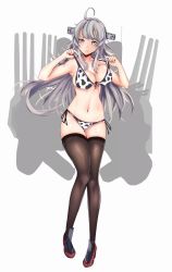 Rule 34 | 1girl, ahoge, animal print, bikini, black thighhighs, breasts, cleavage, commentary request, cow print, front-tie top, full body, grey eyes, halterneck, headgear, highres, kantai collection, large breasts, long hair, machinery, multiple girls, r31harutan, side-tie bikini bottom, silhouette, silver hair, simple background, string bikini, swimsuit, thighhighs, washington (kancolle), white background