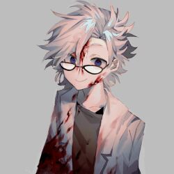 Rule 34 | 1boy, anya8028, blood, blood on clothes, blood on face, blue eyes, chinese commentary, closed mouth, commentary request, glasses, grey background, grey hair, grey shirt, kanou aogu, lab coat, male focus, open clothes, saibou shinkyoku, shirt, short hair, simple background, smile, solo, upper body