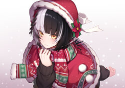 Rule 34 | 1girl, alternate costume, black hair, black sweater, capelet, closed mouth, commentary, english commentary, erezu, from above, fur-trimmed capelet, fur-trimmed hood, fur trim, gradient background, grey background, highres, hololive, hololive english, hood, looking at viewer, medium hair, multicolored hair, polka dot, polka dot background, pom pom (clothes), red capelet, red hood, red scarf, santa costume, scarf, shiori novella, simple background, smile, solo, split-color hair, streaked hair, sweater, two-tone hair, virtual youtuber, white background, white hair, yellow eyes
