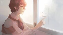 Rule 34 | 1boy, bandaid, bandaid on face, bandaid on nose, condensation, driftwoodwolf, fukase, male focus, necktie, red eyes, red hair, red scarf, scarf, shirt, smile, smiley face, solo, upper body, vocaloid, white shirt, window, window fog