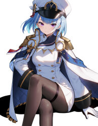 Rule 34 | 1girl, 95---, absurdres, blue hair, closed mouth, coat, coat on shoulders, commentary, crossed legs, english commentary, epaulettes, epic seven, feet out of frame, gloves, hand on own hip, hat, highres, jacket, light smile, long sleeves, looking at viewer, military uniform, navy captain landy (epic seven), pantyhose, peaked cap, purple eyes, short hair, simple background, sitting, sleeve cuffs, solo, thigh strap, uniform, white background, white coat, white gloves, white hat, white jacket