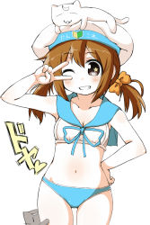 Rule 34 | 1girl, :d, adapted costume, animal, bare shoulders, beret, bishoujo senshi sailor moon, blue panties, blush, bra, breasts, cleavage, collarbone, error musume, grin, hand on own hip, hat, kantai collection, looking at viewer, medium breasts, naitou kouse, navel, open mouth, panties, parody, personification, sailor bikini, sailor collar, shirt, shoshinsha mark, simple background, sleeveless, sleeveless shirt, smile, solo, standing, stomach, swimsuit, teeth, twintails, underwear, underwear only, v, v over eye, white background, white bra
