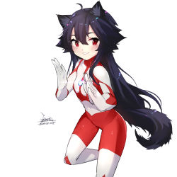 Rule 34 | 1girl, animal ears, black hair, bodysuit, breasts, commentary request, dated, ejami, ekko (ejami), fox ears, fox girl, fox tail, long hair, looking at viewer, red eyes, signature, simple background, smile, solo, tail, ultra series, ultraman, ultraman (1st series), white background