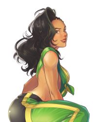 Rule 34 | 1girl, autumn-sacura, black hair, breasts, brown eyes, cornrows, front-tie top, large breasts, laura matsuda, looking at viewer, midriff, red lips, sitting, smile, solo, street fighter, street fighter v, toned, yokozuwari