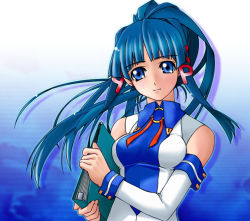 Rule 34 | 1girl, blue eyes, blue hair, blunt bangs, closed mouth, detached sleeves, earrings, folder, gradient background, head tilt, holding, jewelry, long hair, long sleeves, matching hair/eyes, os-tan, ponytail, simple background, skin tight, smile, solo, upper body, wrist cuffs, xp-tan