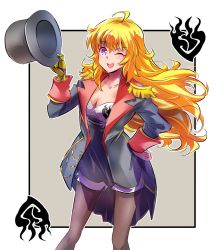 Rule 34 | 1girl, ahoge, black hat, blonde hair, breasts, brown pantyhose, cleavage, commentary, hand on own hip, hat, iesupa, jacket, long hair, military jacket, one eye closed, outside border, pantyhose, pantyhose under shorts, prosthesis, prosthetic arm, purple eyes, rwby, shorts, solo, standing, top hat, unworn hat, unworn headwear, very long hair, voice actor connection, yang xiao long