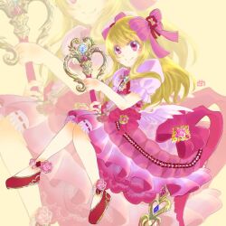 Rule 34 | 1girl, blonde hair, bloomers, chaos marie (grimms notes), cleavage cutout, clothing cutout, dress, grimms notes, hair ribbon, holding, holding wand, holding weapon, jewelry, long hair, mitsuo fez, pendant, pink eyes, puffy short sleeves, puffy sleeves, red footwear, ribbon, shoes, short sleeves, smile, solo, underwear, wand, weapon, wings, yellow background