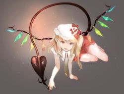 Rule 34 | 1girl, barefoot, blonde hair, bow, fingernails, flandre scarlet, gin fragrans, hair bow, laevatein, laevatein (tail), long fingernails, looking at viewer, nail polish, open mouth, pointy ears, puffy short sleeves, puffy sleeves, red bow, red eyes, red nails, red skirt, sharp fingernails, short sleeves, sitting, sketch, skirt, skirt set, smile, solo, tail, toenail polish, toenails, touhou, vest, wings