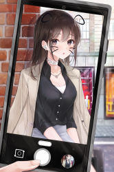 Rule 34 | 1girl, :o, absurdres, ahoge, animal ears, bag, black shirt, blush, breasts, brick wall, brown eyes, brown hair, casual, cellphone, cellphone photo, choker, cleavage, coat, collarbone, commentary request, day, earphones, fake animal ears, fake whiskers, feet out of frame, hair between eyes, handbag, highres, holding, holding phone, huge filesize, jacket, jewelry, lebring, long hair, long sleeves, looking at viewer, medium breasts, nail polish, necklace, original, outdoors, pencil skirt, phone, pink nails, shirt, skirt, smartphone, solo focus, thighs