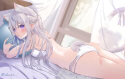 Rule 34 | 1girl, absurdres, animal ear fluff, animal ears, back, bra, braid, cat ears, cat girl, cat tail, crown braid, extra ears, grey hair, hair between eyes, highres, holding, holding pillow, hosimiyavia, long hair, looking to the side, lying, on bed, on stomach, open mouth, original, panties, pillow, purple eyes, ribbon, sweat, tail, tail ornament, tail ribbon, underwear, window
